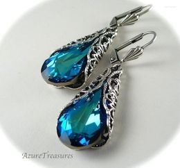 Dangle Earrings Luxury Navy Blue Stone For Women Vintage Silver Colour Metal Hollow Drop Jewellery