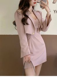 Two Piece Dress Autumn Pink Set Women Blazer CoatStrap Female Casual Korean Fashion Slim Elegant Suit 230325