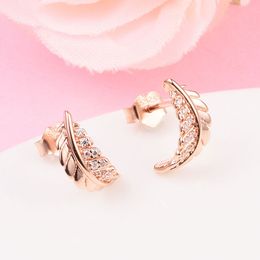 Rose Gold Plated Floating Curved Feather Stud Earrings Fits European Pandora Style Jewelry Fashion Earrings
