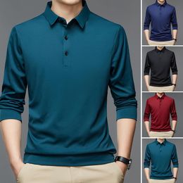 Men's Polos Buttons Neckline Long Sleeve Solid Colour Men Shirt Autumn Slim Fit Lapel Office Pullover Top 230325