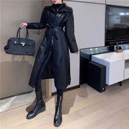 Women's Trench Coats Womens Fashion Lapel Single Breasted PU Leather Mid Long Jacket Coat With Belt Fantastic Black Slim Ladies Windbreaker