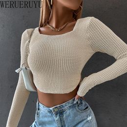 Women's T-Shirt Sexy Long Sleeve Stitch T Shirt Women Streetwear Y2k Clothes Knit Crop Top Korean Fashion Spring Autumn Short Skinny Tshirt 230325