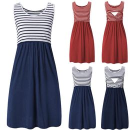 Maternity Dresses 2023 Pregnant Women Striped Stitching Solid Color Sleeveless Dress For Breastfeeding Ladies Pregnancy Clothes