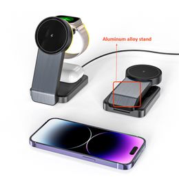 3 in 1 Magnetic Wireless Charger 10W 15W Qi Fast Charging Station with Aluminium Alloy Stand Holder for iPhone 12 13 14 AirPods 2 Pro 3 Apple Watch 3 4 5 8 7 SE