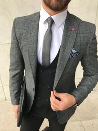 Men's Suits 2023 Houndstooth Plaid Men For Wedding 3 Pieces Business Suit Tuxedos Blazer Peaked Lapel Costume Homme Terno Party