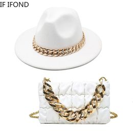 Stingy Brim Hats Women Oversized Chain Accessory Bag And Fedoras 2piece Sets Fashion Luxury Party Wedding Jazz 230412