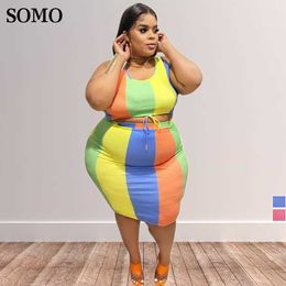 Plus Size Dresses Fashion Colourful Two Piece Skirt Set Women Clothing Sleeveless Sexy Outfits Casual Summer Wear Wolesale Dropshipping 230307