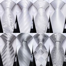 Neck Tie Set DiBanGu Designer White Gray Sliver Men's Ties Hanky Cufflinks Set Silk Neck ties For Men Wedding Party Business Mens Tie 230324