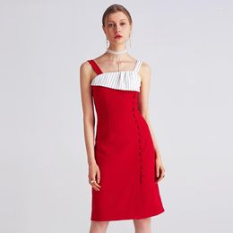 Casual Dresses Super! Ladies Knee Length Red Dress Women Elegant Button Spaghetti Strap Party Slim Robe Femme Formal