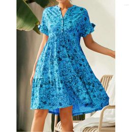 Casual Dresses Women Good Skirt V-neck Button Flower Printed Short Sleeve Relaxed Summer Lady Clothes Fashion Young High Quality Style