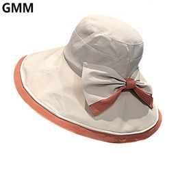 Stingy Brim Hats Summer Two Colour Wide Sun With Big Bow Women Black Glue AntiUV Travel Beach Foldable Bucket Hat Shadehat 230325