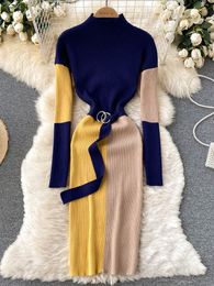Casual Dresses YuooMuoo Women Autumn Winter Elegant Colour Patchwork Knitted Sweater with Belt Office Lady Package Hips Bodycon 230324