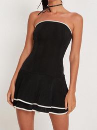 Casual Dresses Women's Summer Short Bandeau Dress Black Sleeveless Backless Off Shoulder Contrast Color Bodycon