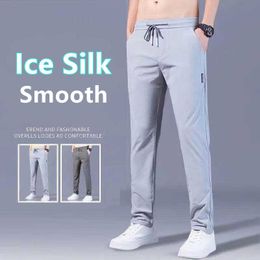 Men's Pants Ice Silk Smooth Pants Men's Loose Breathable Straight Casual Pants Summer Ultra-thin Quick-drying Trousers Elastic Sports Pants W0325