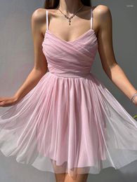 Casual Dresses Elegant Solid High Waist Wrap Party Dress Sexy Sleeveless Mesh Puff Mini Sling Fashion Summer A-Line Draped Bodycon