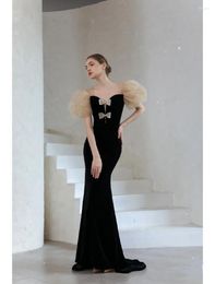 Runway Dresses Sexy Black Celebrity Dress Square Collar Puff Sleeve Bow Mermaid Fishtail Backless Formal Party Evening Prom Gowns Wedding