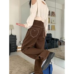 Women's Jeans Brown High Waist Vintage Straight Baggy Denim Pants Streetwear Heart Pattern Design Fashion Wide Leg Trouser 230325