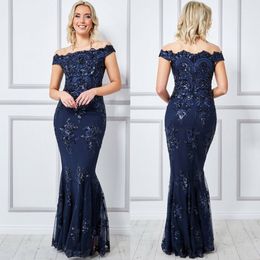 Navy Mermaid Evening Dresses Lace Appliqued Prom Gowns Off The Shoulder Neck Floor Length Tulle Formal Dress For Women