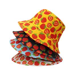 Wide Brim Hats Bucket Hat Men Women Summer Panama Fishing Bucket Cap Reversible Strawberry Print Bob Hat Hip Hop Gorros Fisherman Hat Female P230311