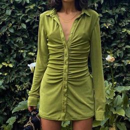 Casual Dresses Sexy Mini Slim Dress Women Green Club Party Turn Down Collar Button Long Sleeve Female Elegant Streetwear Shirt Robe