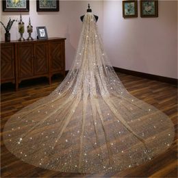 Bridal Veils Full Bling Sequins Long Women Spray Gold Star Veil Head 3.5M 5M Headdress With Comb