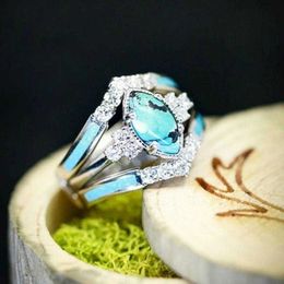Band Rings New Fashion Diamond Set Turquoise Three Piece Ring Set