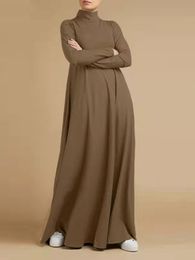 Ethnic Clothing Muslim Dresses Abayas for Women Vintage Solid Maxi Dress Women's Turtleneck Sundress Casual Long Sleeve Maxi Vestidos S-5XL 230325