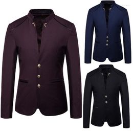 Men's Suits Men Blazer Slim Fit 2023 Autumn Fashion Button Decorative Chinese Style Stand Collar Solid Colour Suit Jacket Coat