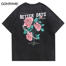 Men's T-Shirts Distressed T-Shirt Streetwar Hip Hop Floral Rose Letter Print Vintage Tshirt Men Harajuku Summer Casual Cotton Loose Shirts Top 230325