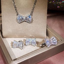 Necklace Earrings Set Princess Bow Jewellery Cubic Zirconia Brilliant Rings Stud For Women Bridal Wedding Gifts