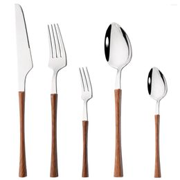 Flatware Sets Silver 5/10/20Pcs Wooden Handle Western Stainless Steel Tableware Cutlery Set Knife Fork Spoon Home Dinnerware