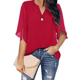 Women's Blouses & Shirts Chiffon Women Summer Clothing Short Sleeve Tops Elegant V Neck Shirt And Blouse Solid Colour Baggy Casual Outfits S-