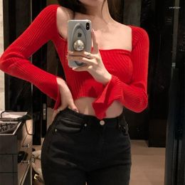 Women's T Shirts Long Sleeve Square Neck Solid Knit Red Crop Top Bodycon Slim Elegant Shirt Women Sexy Cropped Fashion T-Shirt Fall Knitted