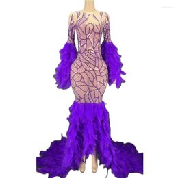 Stage Wear Sexy Sparkly Rhinestones Feather Long Tail Dress Mesh Transparent Celebrate Evening Club Prom Gown Birthday Pography