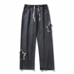 Y2K Style American Top-quality Streetwear Jeans Mens Vintage Embroidery Star Black Jeans For Men Hippie Grunge Clothes Casual Straight Wide Leg Pants 230325