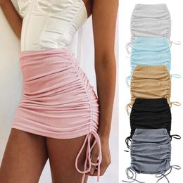 Skirts Basic Drawstring Skirt Bodycon Ribbed Mini Dress Sexy Strap Hip Desses For Teen Girls Party Club Y2K Summer ClothingSkirts