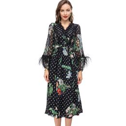 Women's Runway Dresses V Neck Long Sleeves Feather Detailing Printed Elegant Fashion Designer Vestidos