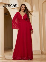 Party Dresses Sexy Deep V Neck Long Sleeve Celebrity Dress for Women Burgundy Fold Wedding Ball Prom Gown Elegant Formal Evening Party Vestido 230325