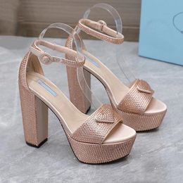 A114 Designers Womens Sandals Rhinestone Platform Heel Dress Shoes Classic Triangle Buckle Embellished Ankle Strap Pumps 10CM High Heeled Women ed