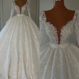 2023 Sparkly Sequins Wedding Dresses Bridal Gown Beaded Applique Scoop Neck Long Sleeves Floor Length Plus Size Custom Made Garden Beach Vestido De Novia 401 401