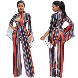 Women's Jumpsuits & Rompers Contrast Colour Striped Patchwork Sexy Loose Flare Sleeve Front Hollow Out Bodysuit High Waist Party Romper L-YD5