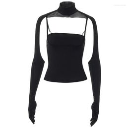 Women's T Shirts 2 Pieces Set Women Sexy Halter Long Gloves Shrug Crop Top With Black Camisole M6CD