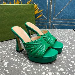 Womens Platform Heeled Slide Sandals Luxurys Designer Genuine Leather Top Quality Studs Sandal Shoes Green White Black Pink Gold Silver