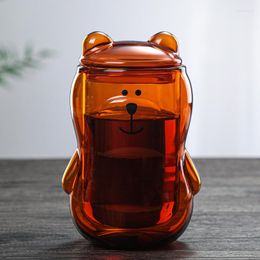 Wine Glasses Bear Mug 300ML Double Cup Personality Coffee With Lid Transparent Glass Cute Cartoon Amber