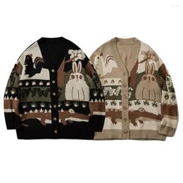 Men's Vests Men Knitted Cardigan Coat Jacket Casual Sweater Cartoon Print Single-breasted Vintage Winter