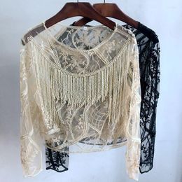 Women's Blouses Women Short Spring Lace Sequins Beaded Tassels Pullovers Female Fashion Perspective T-Shirt For Party Clubs