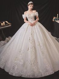 2023 Ball Gown Wedding Dresses vestido de noiva de renda 3D Floral Lace Applique Royal Train Luxury Princess Bridal Gowns Arabic Backless sequined robes de mariee