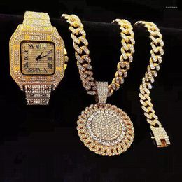 Chains 3pcs Iced Out Necklace Bracelet Watches Rhinestone 13MM Miami Cuban Pandents CZ Bling Rapper Gold Watch For Men Jewelry