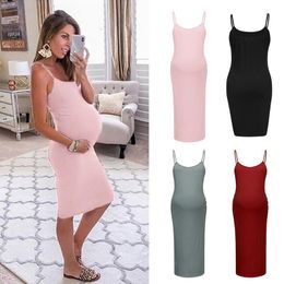 Maternity Dresses Women Maxi Dress Loose Sleeveless V-Neck Sling Solid Colour Casual Summer Pregnant Woman