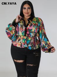 Women's Plus Size TShirt CM.YAYA Plus Size Women Peacock Long Sleeve Single Breasted Lapel Collar Ruffles Hem High Waist Blouse and Shirt Top 230325